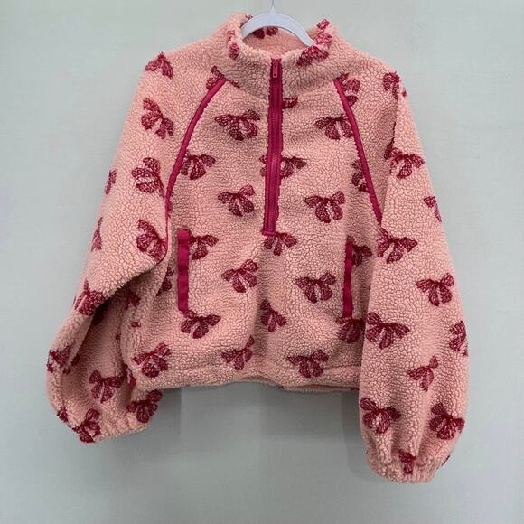 Shop Janae Blush Pink Hot Pink Bow Sherpa 1/4 Zip Fleece Pullover - Picture 1 of 6